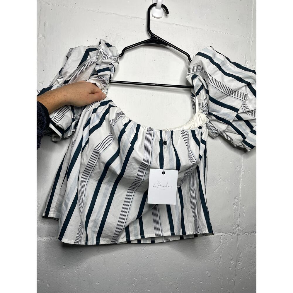 NEW L’Academie Striped Puffy Sleeve Off-Shoulder Top Womens Medium - Picture 1 of 9
